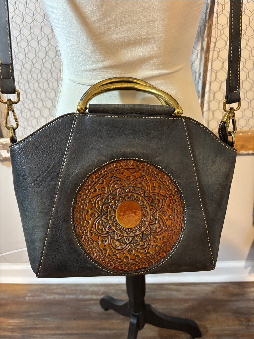Hand-Tooled Leather Crossbody Tote - Black with Brown Medallion